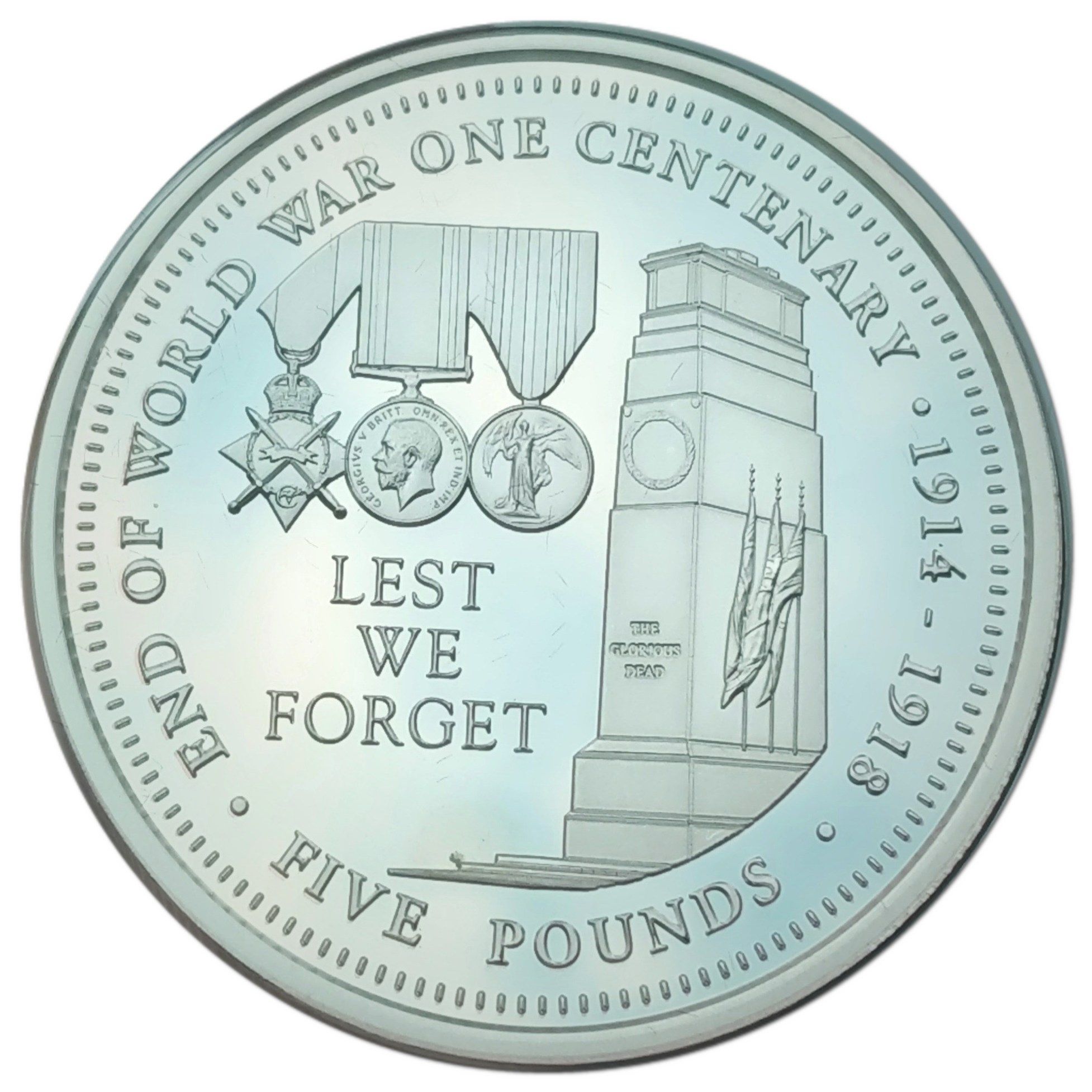 Tristan da Cunha 5 Pounds - Elizabeth II WWI Centenary, Lest We Forget, Silver plated copper-nickel reverse