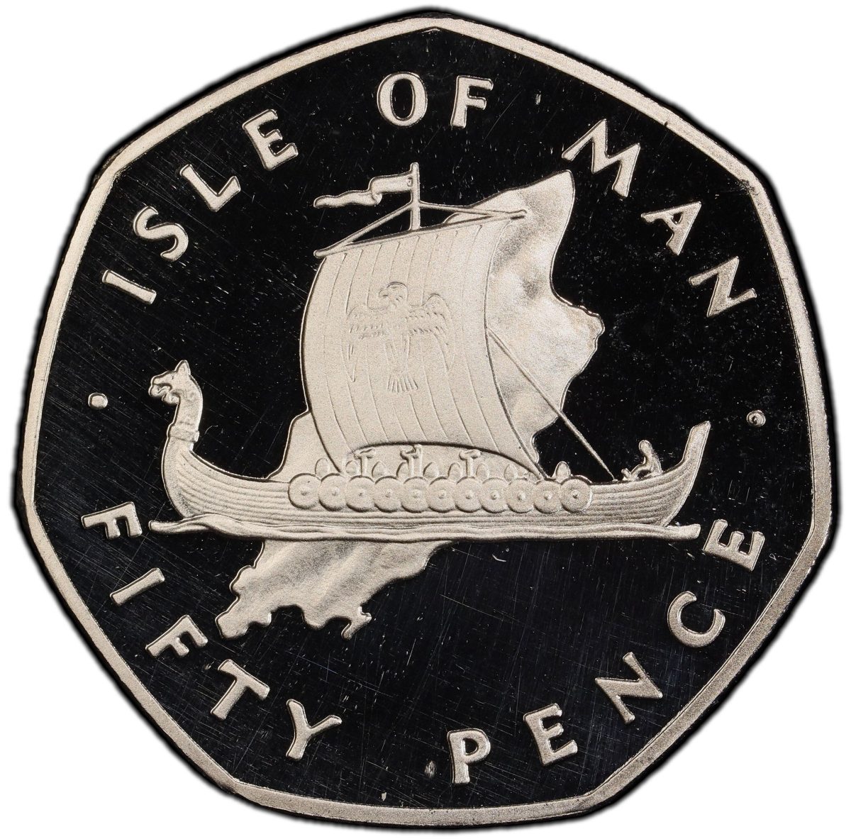 Isle of Man 50 Pence - Elizabeth II Viking longship on map; Platinum reverse