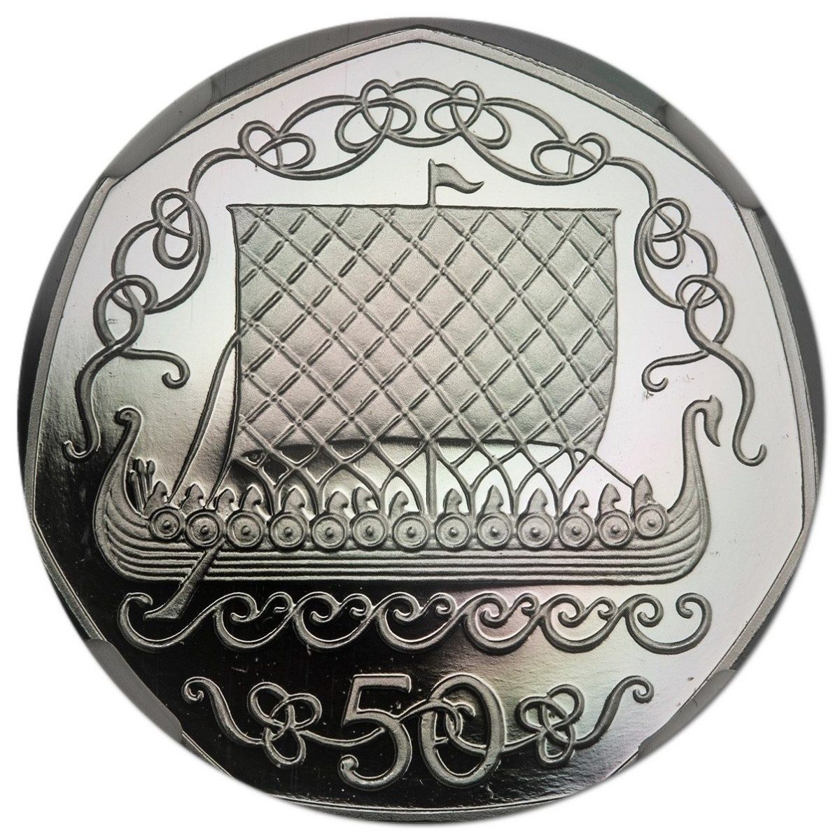 Isle of Man 50 Pence - Elizabeth II Viking Longship; Platinum Proof reverse