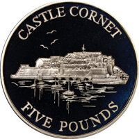 Guernsey 5 Pounds - Elizabeth II Castle Cornet; Silver Proof reverse