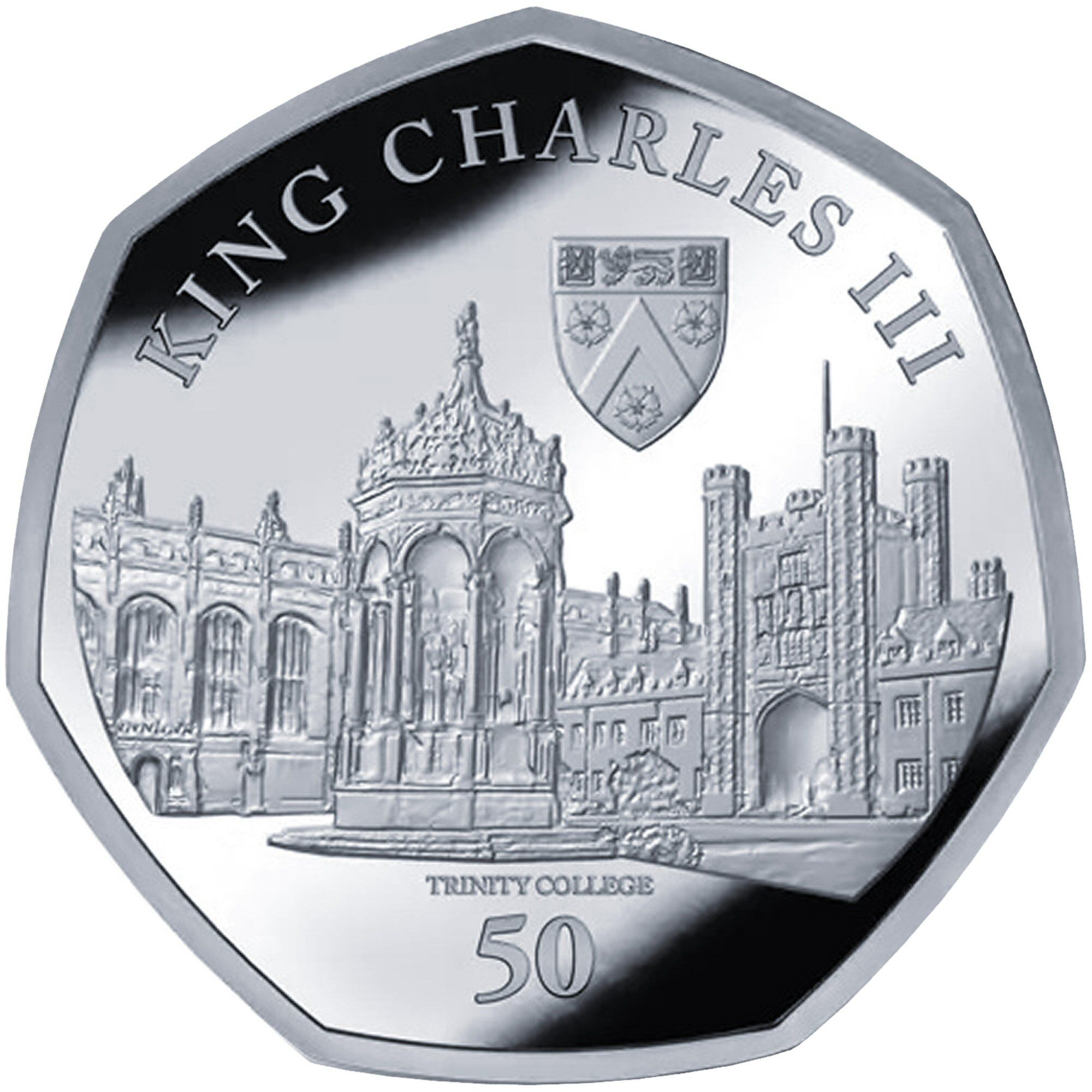 British Antarctic Territory 50 Pence - Charles III Trinity College, Cambridge; Silver reverse