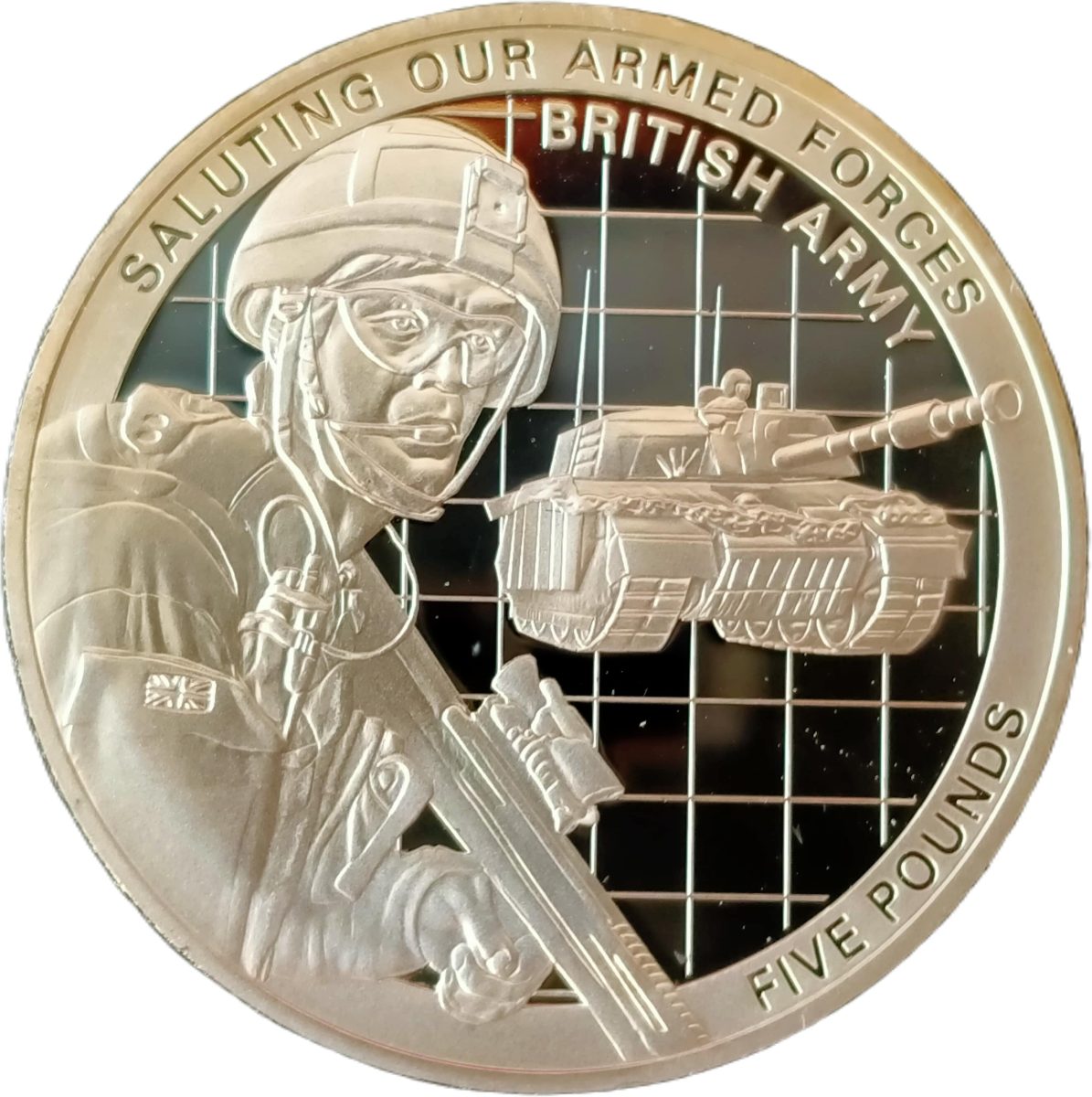 Guernsey 5 Pounds - Elizabeth II British Army; Silver Proof reverse