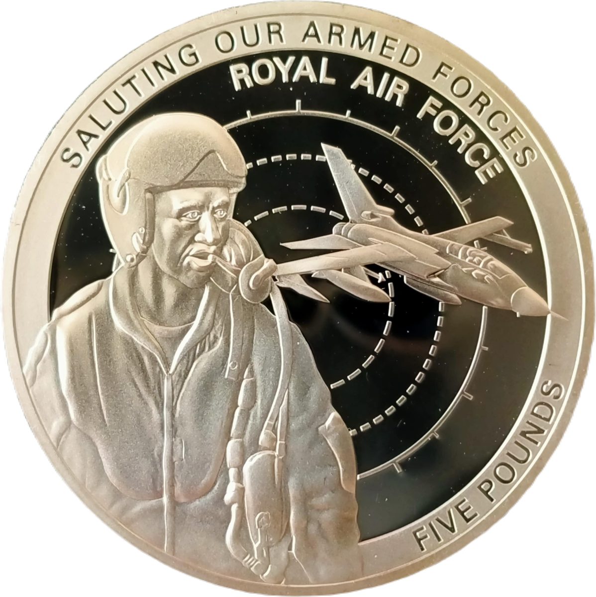 Guernsey 5 Pounds - Elizabeth II Royal Air Force; Silver Proof reverse