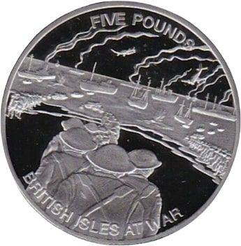 Guernsey 5 Pounds - Elizabeth II Evacuation of Dunkirk; Silver Proof reverse