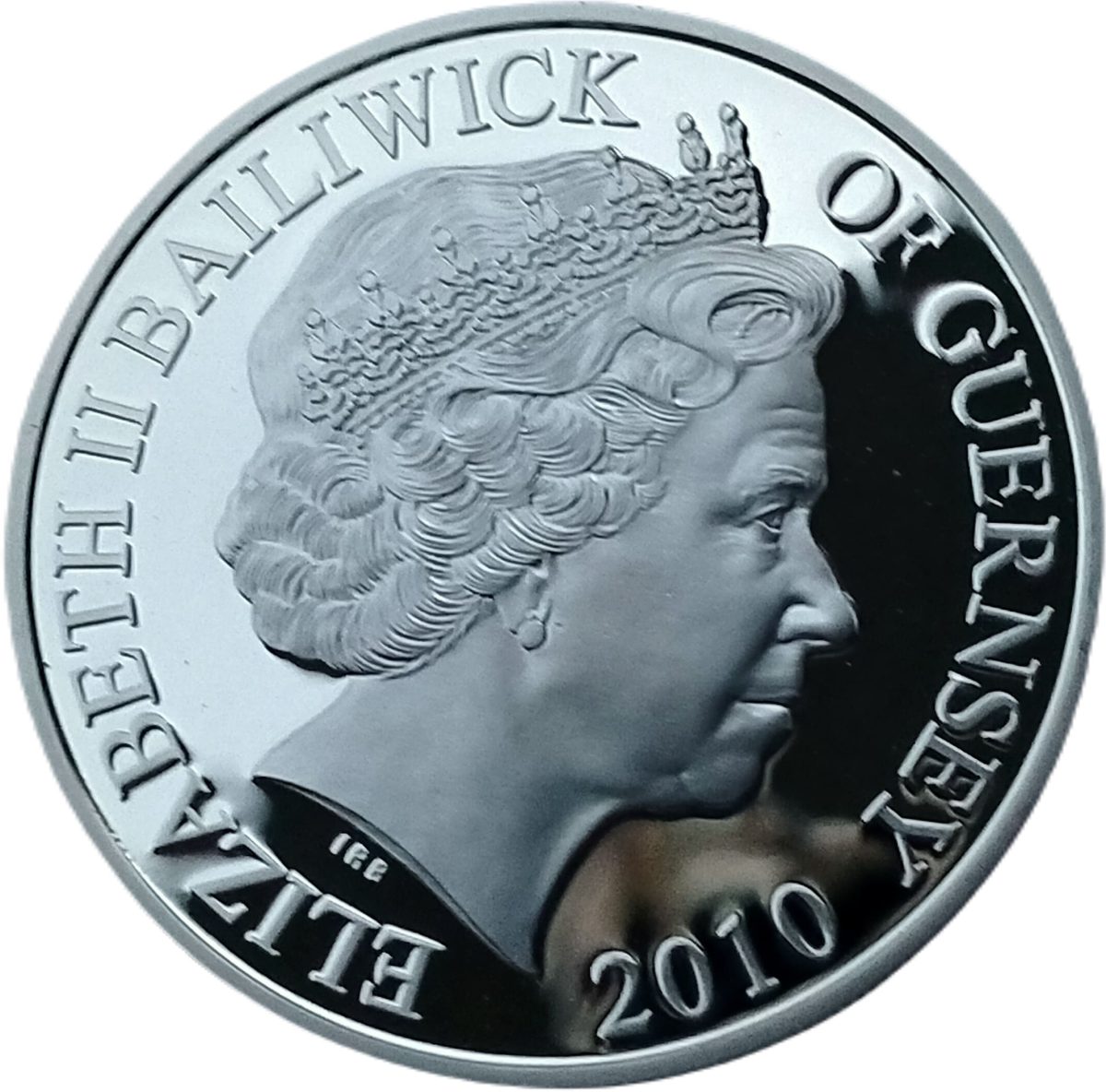 Guernsey 5 Pounds - Elizabeth II Battle of Britain - Supermarine Spitfire; Silver Proof obverse