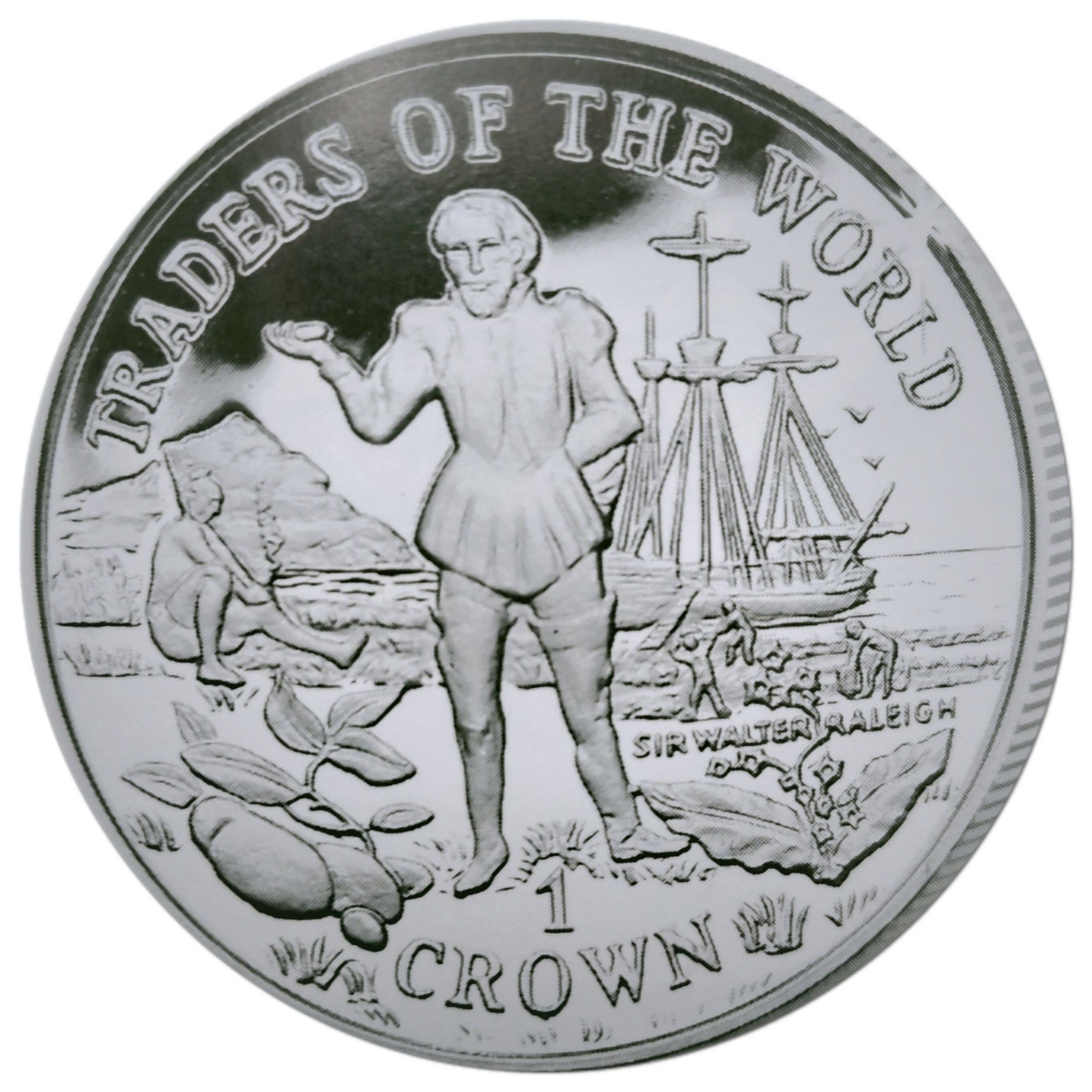 Gibraltar 1 Crown - Elizabeth II Sir Walter Raleigh; Silver Proof reverse