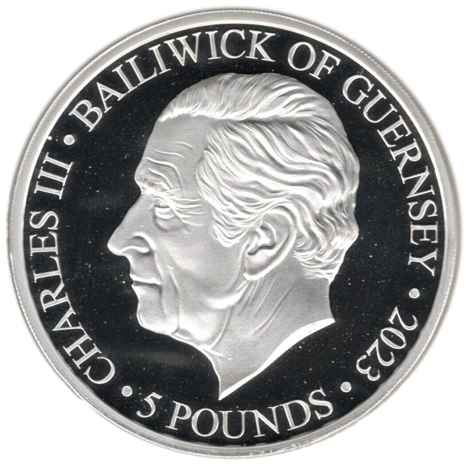 Guernsey 5 Pounds - Charles III Life and Legacy of Queen Elizabeth II; Silver Proof obverse