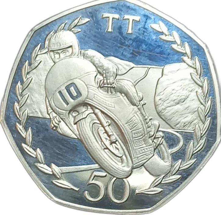 Isle of Man 50 Pence - Elizabeth II Tourist Trophy Motorcycle Races; Silver Proof