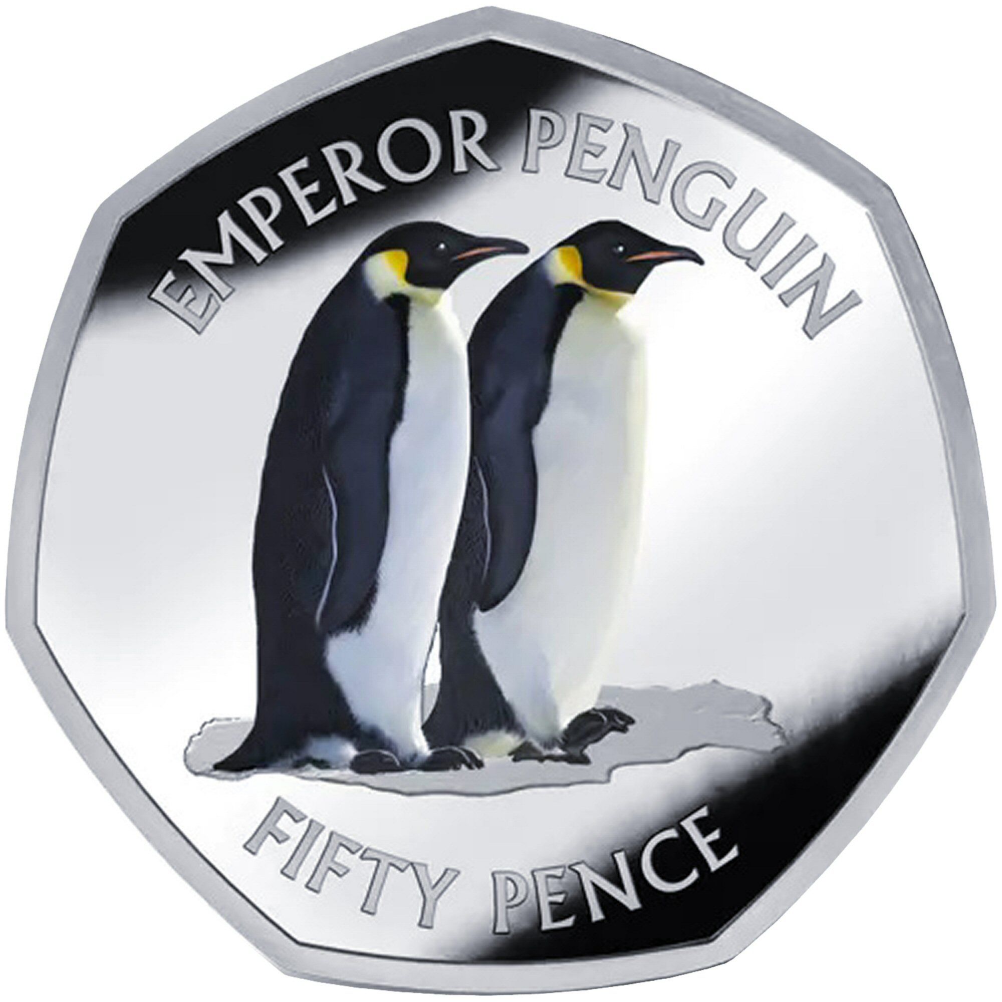 British Antarctic Territory 50 Pence - Charles III Emperor penguin; Coloured; Silver obverse