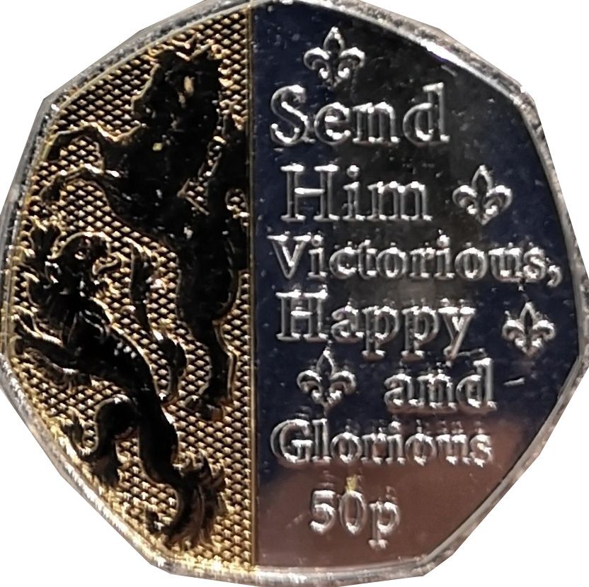 Isle of Man 50 Pence - Charles III Anthem; Send Him Victorious; Ag-Au Plated reverse