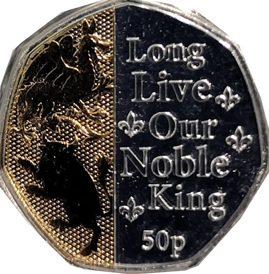 Isle of Man 50 Pence - Charles III Anthem; Long Live Our Noble King; Ag-Au Plated obverse