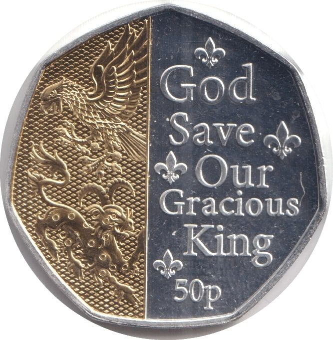 Isle of Man 50 Pence - Charles III Anthem - God Save Our Gracious King; Ag-Au Plated