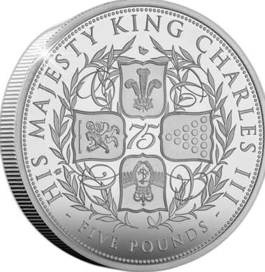 Guernsey 5 Pounds - Charles III King Charles III 75th Birthday; Silver Proof reverse
