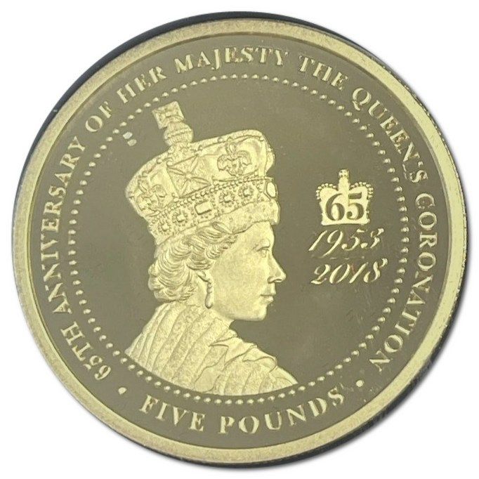 Alderney 5 Pounds - Elizabeth II 65th Ann. Coronation; Gold plated