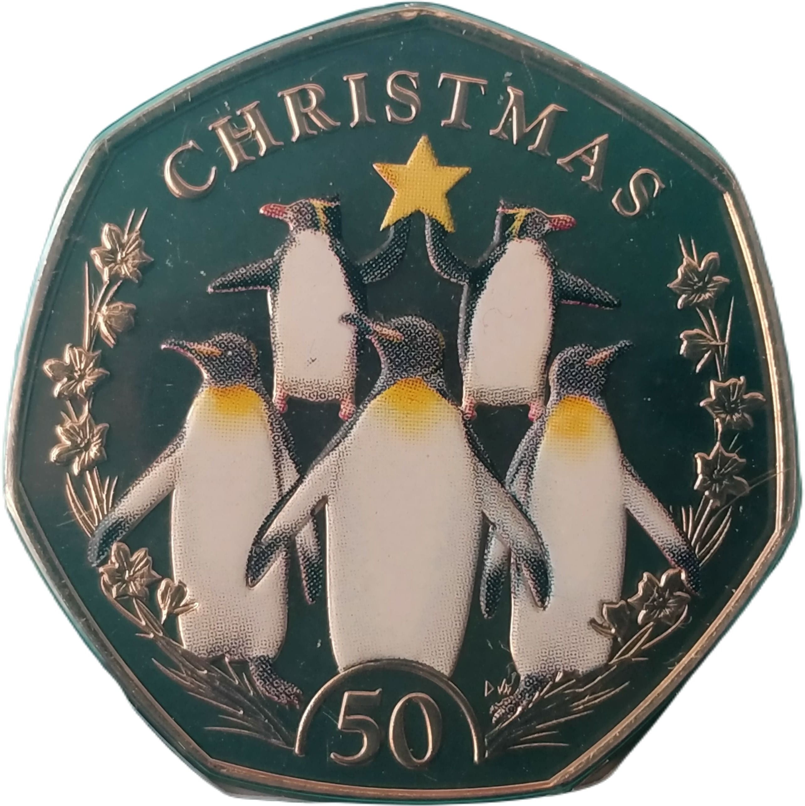 Falkland Islands 50 Pence - Charles III Christmas Penguins; Coloured