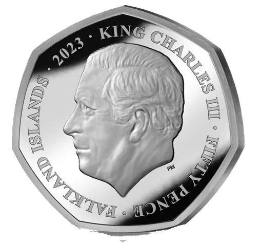 Falkland Islands 50 Pence - Charles III Christmas Penguins; Silver Proof obverse