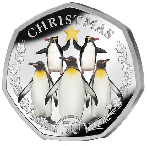 Falkland Islands 50 Pence - Charles III Christmas Penguins; Silver Proof