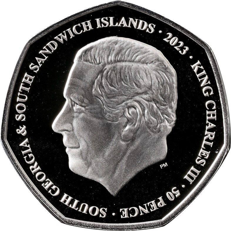 South Georgia and the South Sandwich Islands 50 Pence - Charles III Royal Coat of Arms; Silver Proof obverse