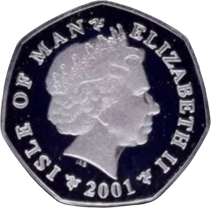 Isle of Man 50 Pence - Elizabeth II Christmas 2001; Silver Proof obverse