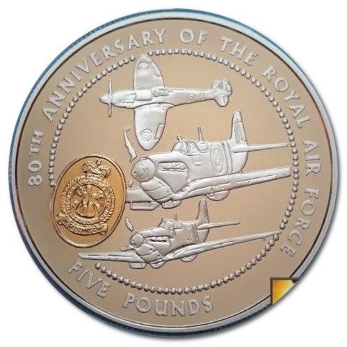 Guernsey 5 Pounds - Elizabeth II RAF; Silver Proof reverse