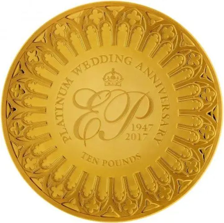 Guernsey 10 Pounds - Elizabeth II Platinum Wedding; Gold Proof reverse