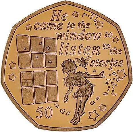 Isle of Man 50 Pence - Elizabeth II Peter Pan at the window; Gold Proof reverse