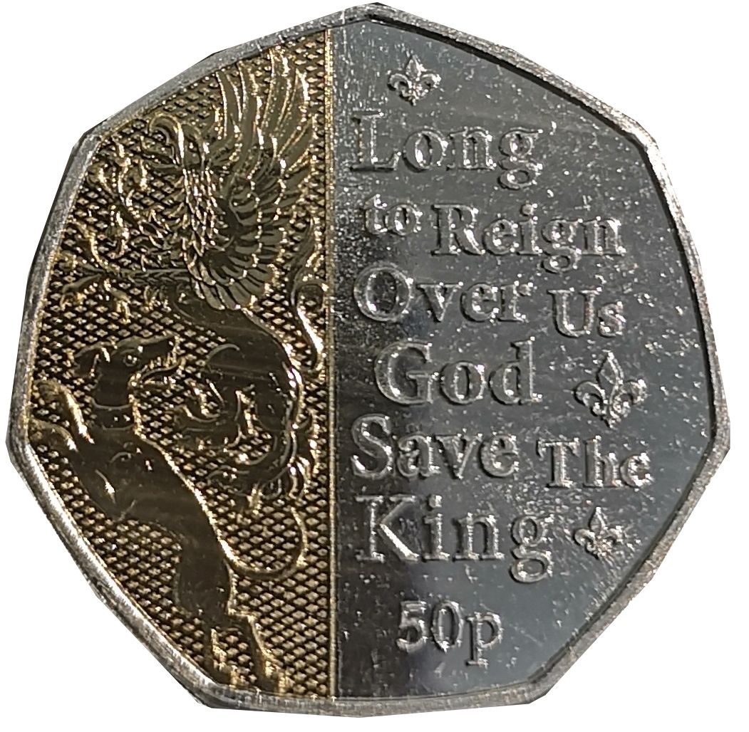 Isle of Man 50 Pence - Charles III Anthem - Long to Reign Over Us; Ag-Au Plated reverse