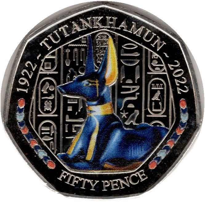Isle of Man 50 Pence - Charles III Tutankhamun - Anubis Shrine; colourised reverse