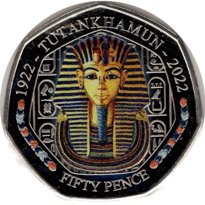 Isle of Man 50 Pence - Charles III Tutankhamun - Death Mask; colourised reverse