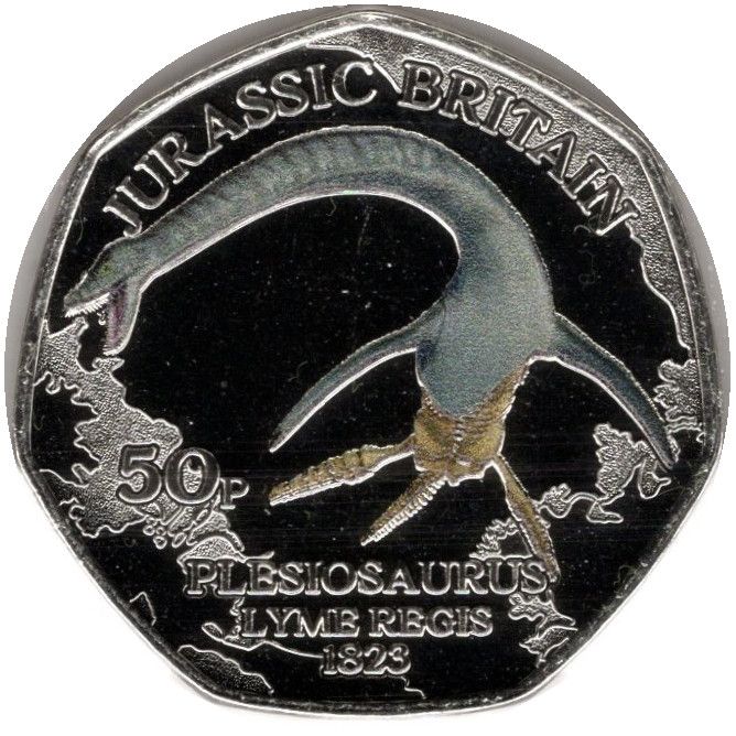 Isle of Man 50 Pence - Charles III Jurassic Britain - Plesiosaurus; colourised reverse