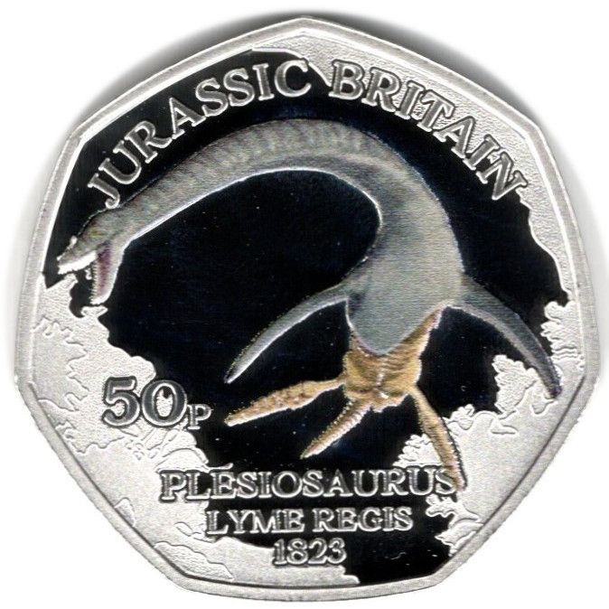 Isle of Man 50 Pence - Charles III Jurassic Britain - Plesiosaurus; Silver proof reverse