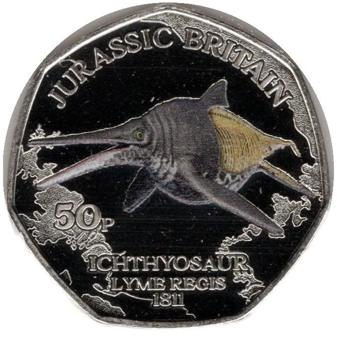 Isle of Man 50 Pence - Charles III Jurassic Britain - Ichthyosaur; colourised reverse
