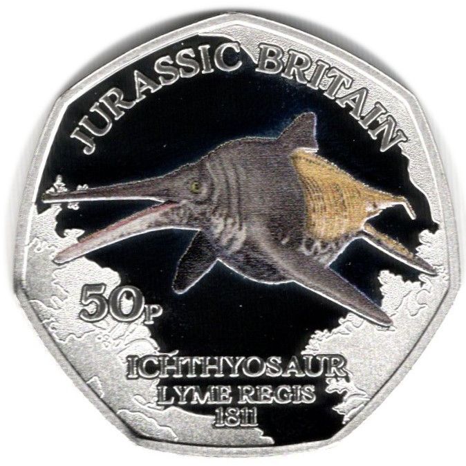 Isle of Man 50 Pence - Charles III Jurassic Britain - Ichthyosaur; Silver proof obverse