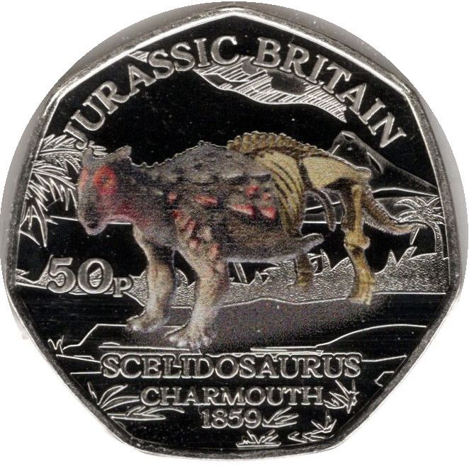 Isle of Man 50 Pence - Charles III Jurassic Britain - Scelidosaurus; colourised reverse