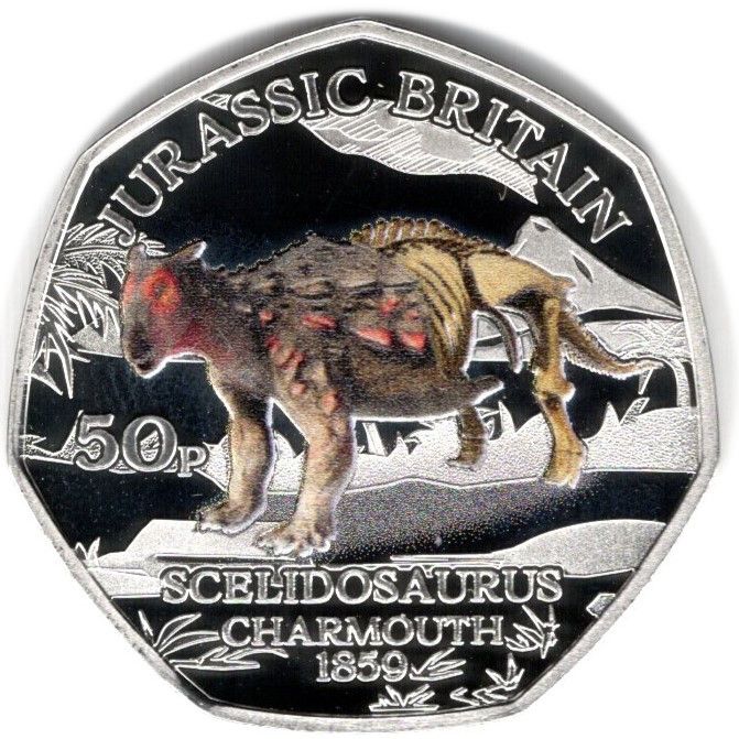 Isle of Man 50 Pence - Charles III Jurassic Britain - Scelidosaurus; Silver proof reverse
