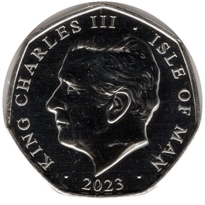 Isle of Man 50 Pence - Charles III Jurassic Britain - Cetiosaurus; colourised obverse