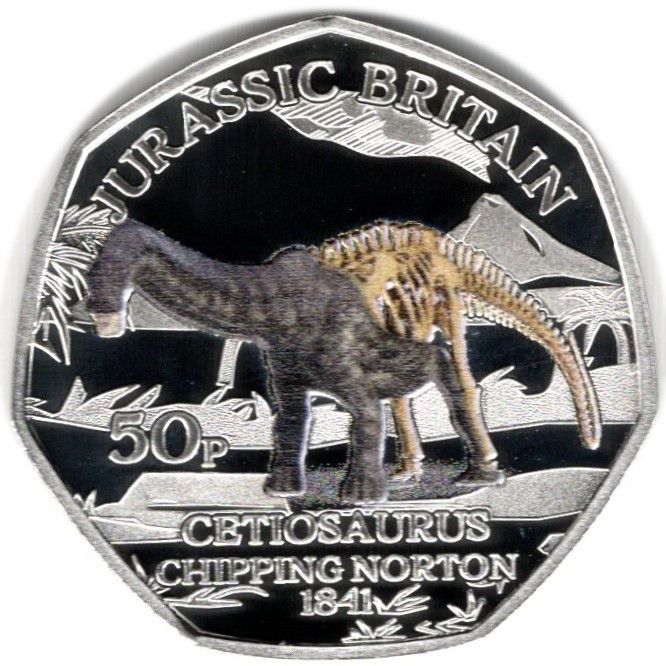 Isle of Man 50 Pence - Charles III Jurassic Britain - Cetiosaurus; Silver proof reverse
