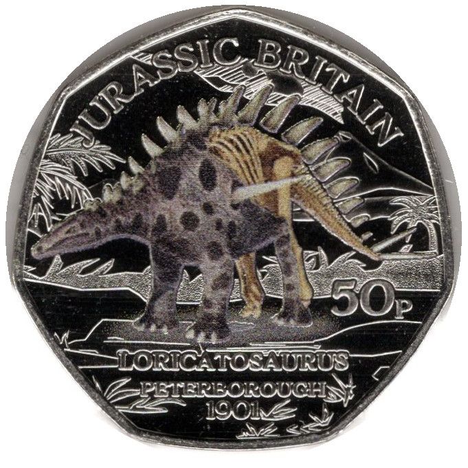 Isle of Man 50 Pence - Charles III Jurassic Britain - Loricatosaurus; colourised reverse