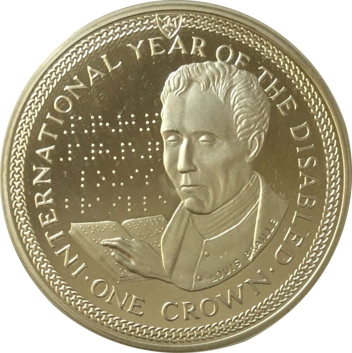Isle of Man 1 Crown - Elizabeth II Louis Braille; Silver Proof reverse