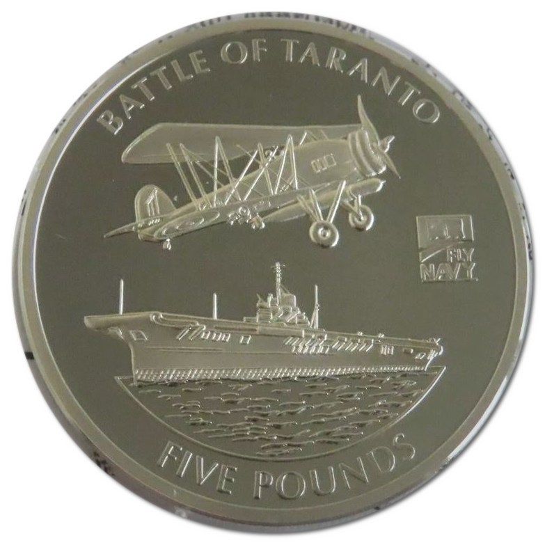 Guernsey 5 Pounds - Elizabeth II Naval Aviation - Battle of Taranto; Silver Proof reverse