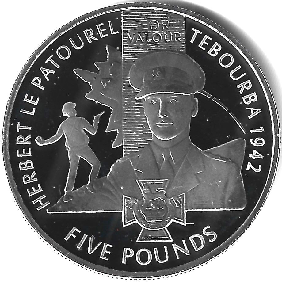Guernsey 5 Pounds - Elizabeth II Victoria Cross - Herbert Le Patourel reverse