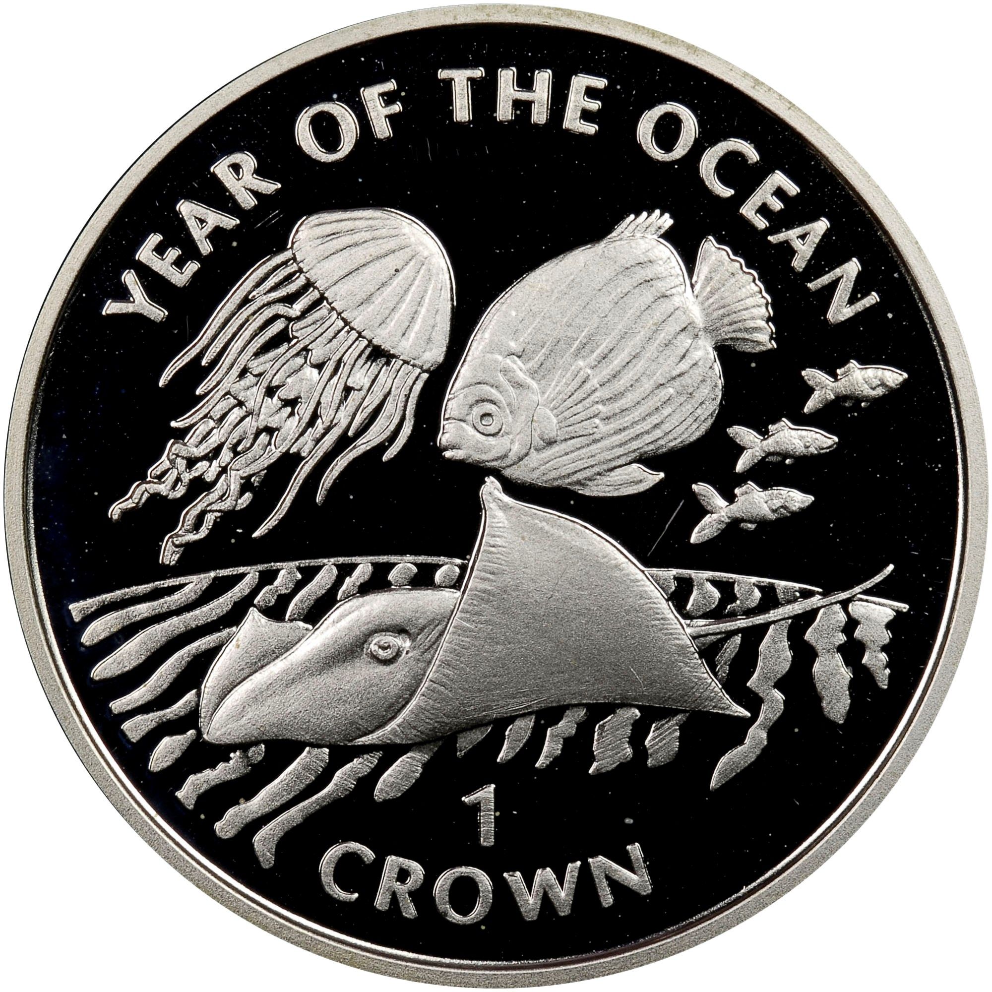 Gibraltar 1 Crown - Elizabeth II Jellyfish, stingray and fish; Silver Proof reverse
