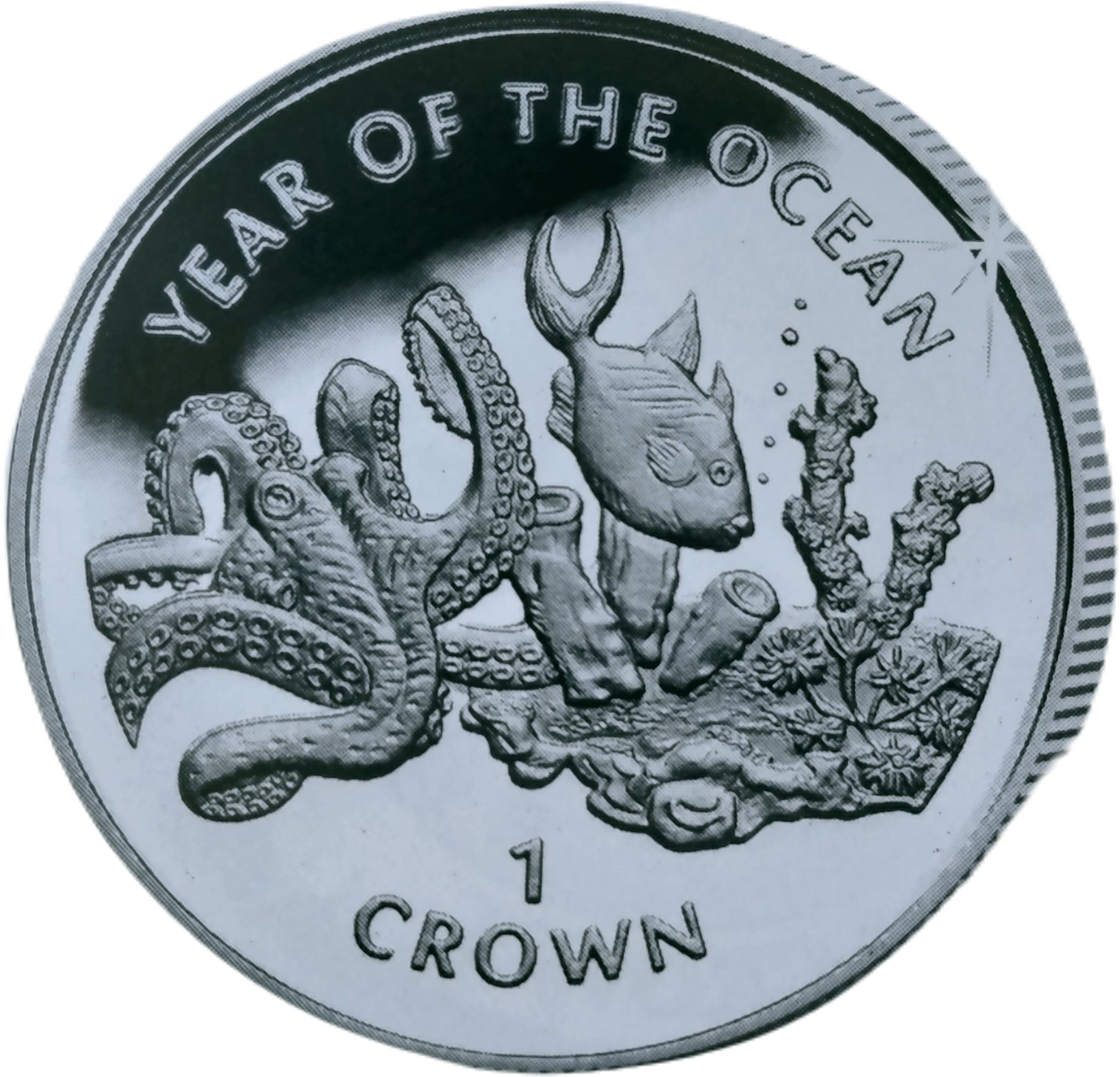Gibraltar 1 Crown - Elizabeth II Octopus, fish and coral; Silver Proof reverse
