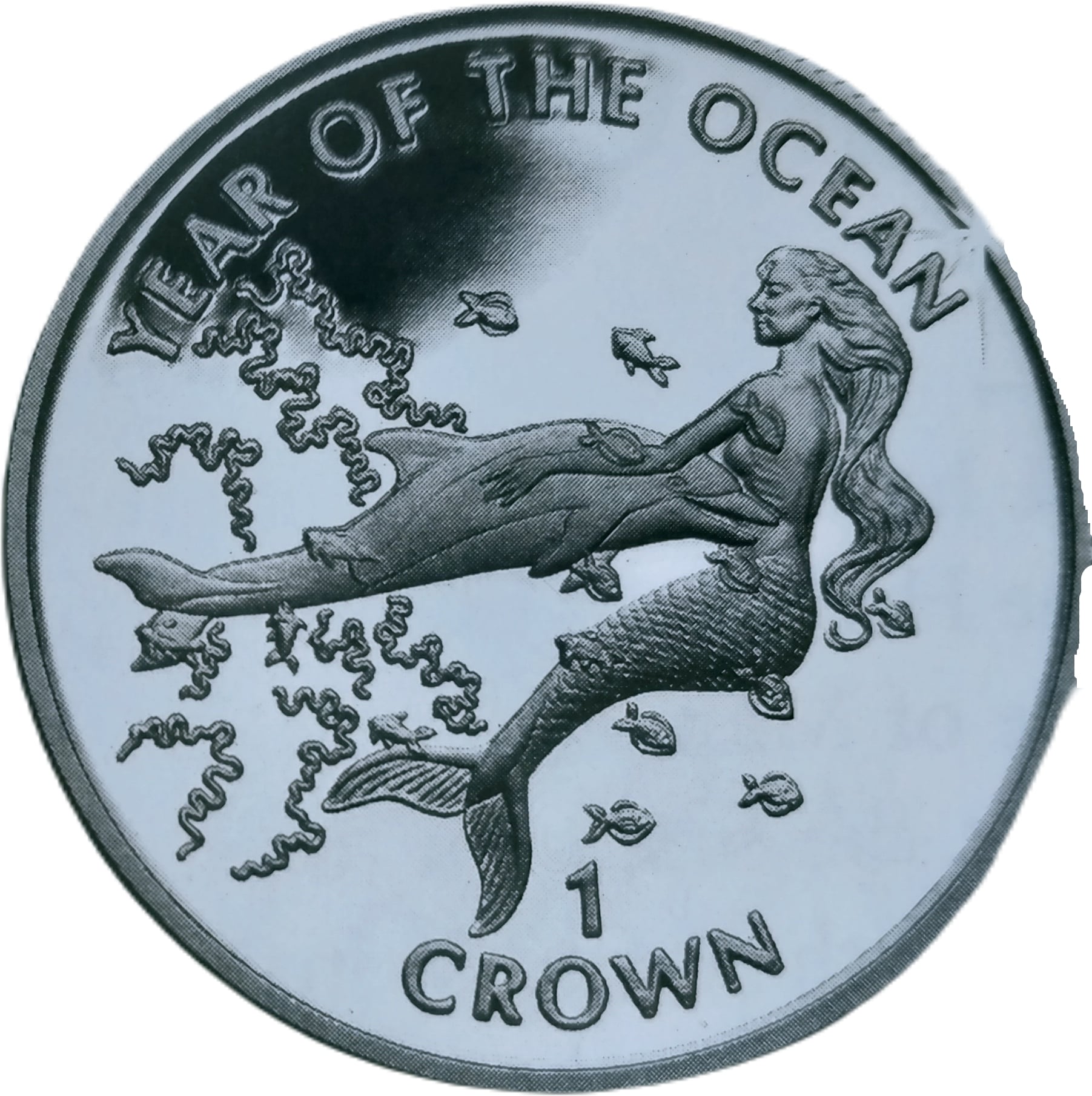 Gibraltar 1 Crown - Elizabeth II Mermaid and dolphin; Silver Proof reverse