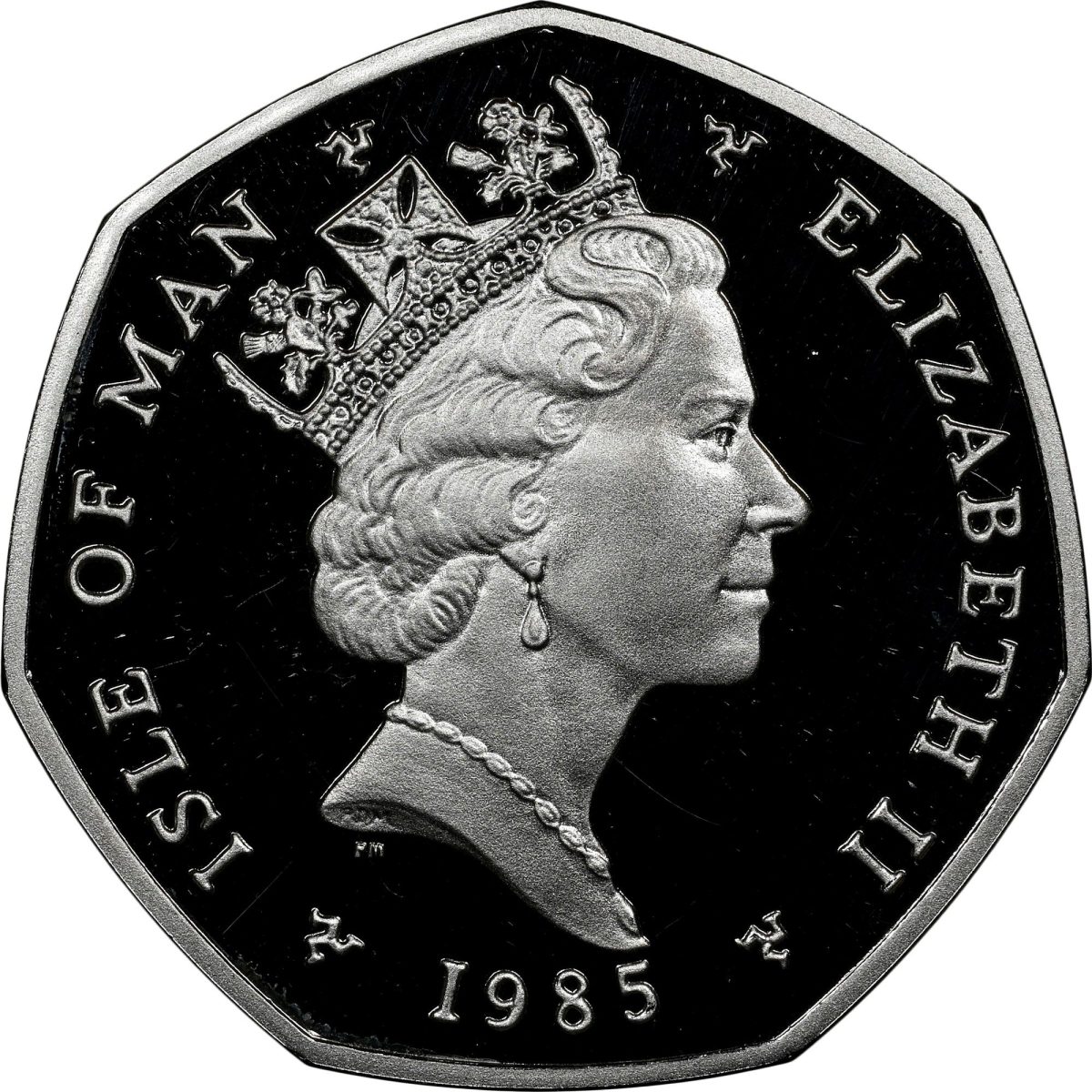 Isle of Man 50 Pence - Elizabeth II Viking longship on shield; Platinum Proof obverse