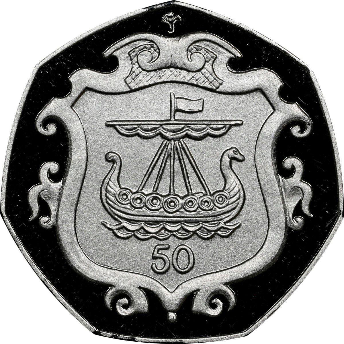 Isle of Man 50 Pence - Elizabeth II Viking longship on shield; Platinum Proof