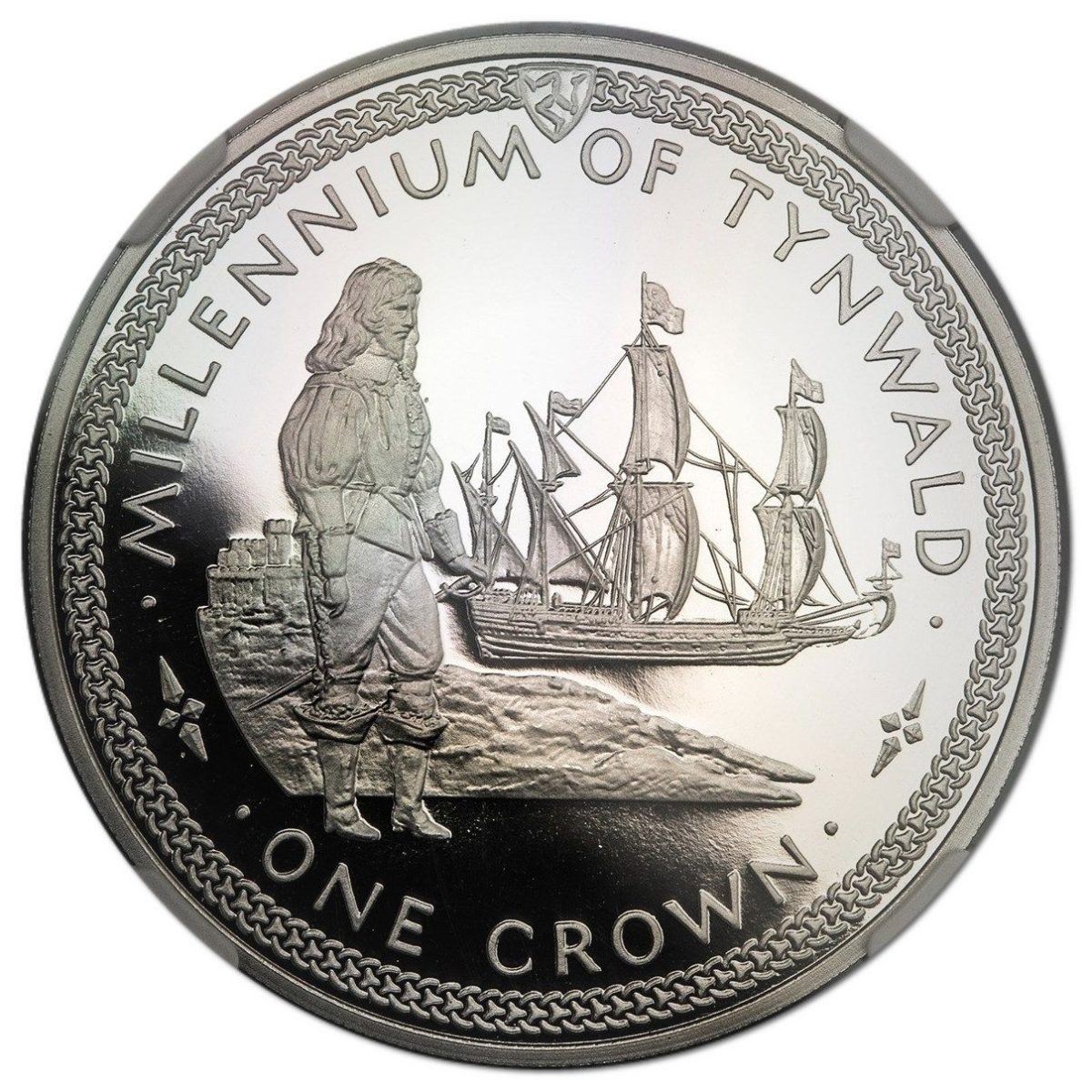 Isle of Man 1 Crown - Elizabeth II Tynwald - Standing figure and ship; Platinum Proof reverse