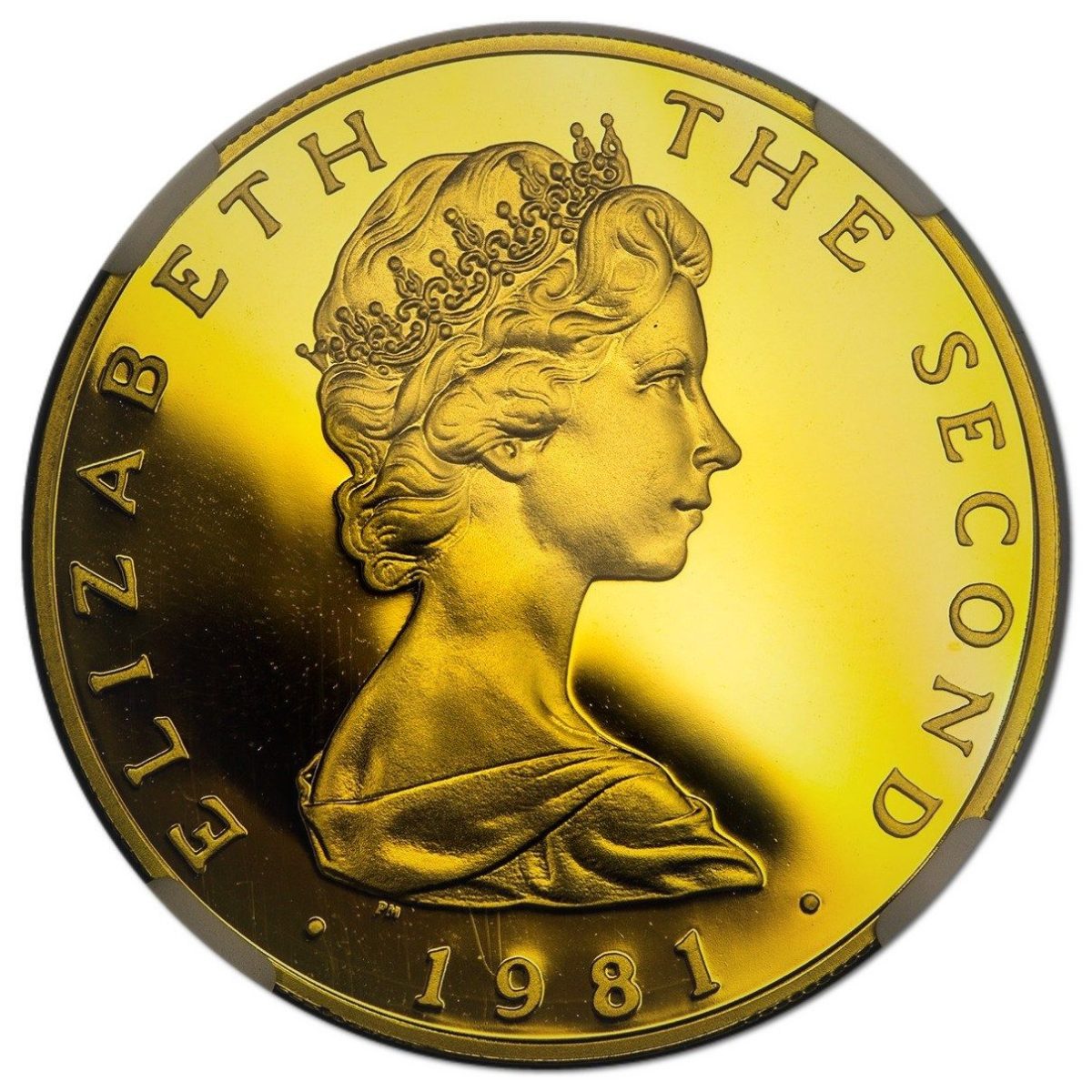 Isle of Man 5 Pounds - Elizabeth II Triskelion on map; Gold Proof obverse