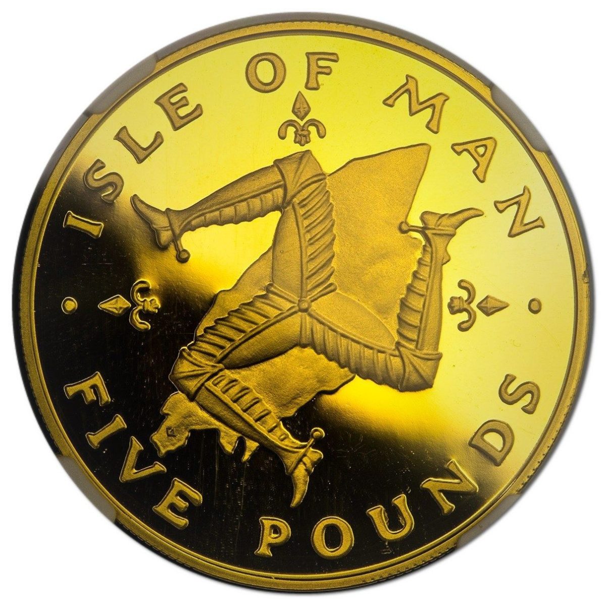 Isle of Man 5 Pounds - Elizabeth II Triskelion on map; Gold Proof