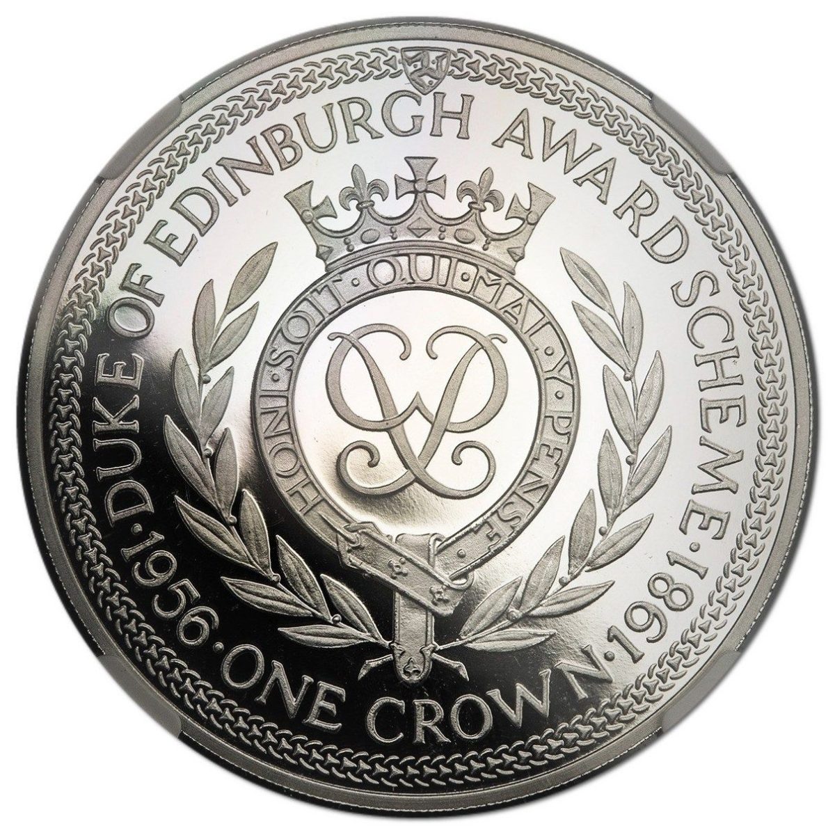 Isle of Man 1 Crown - Elizabeth II Duke of Edinburgh Award Scheme - Monogram; Platinum Proof reverse